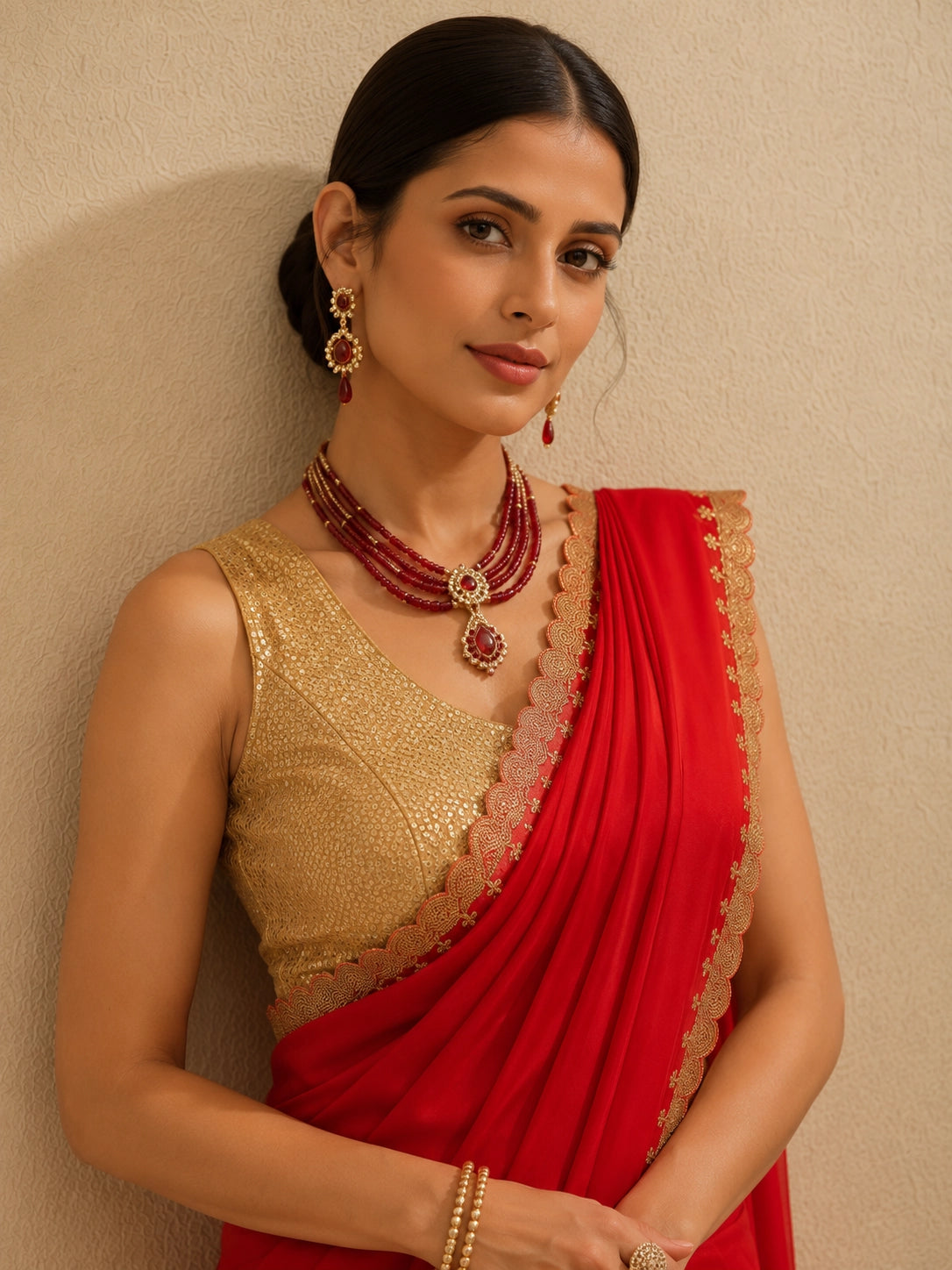 Woman in vibrant red saree with golden embroidered border and matching golden blouse.