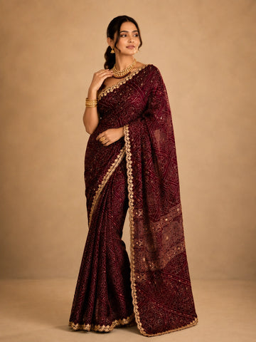 Woman in a maroon bandhani saree with intricate gold embroidery and border.