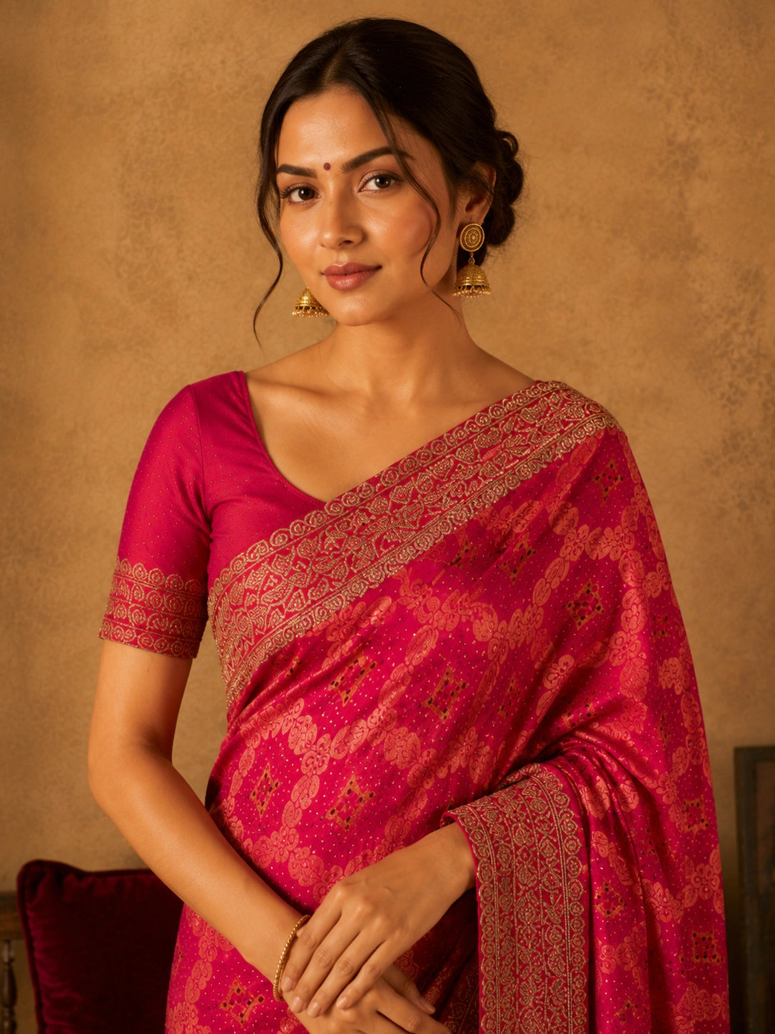 Elegant woman wearing a vibrant Rani Pink S3 saree with detailed gold zari work.