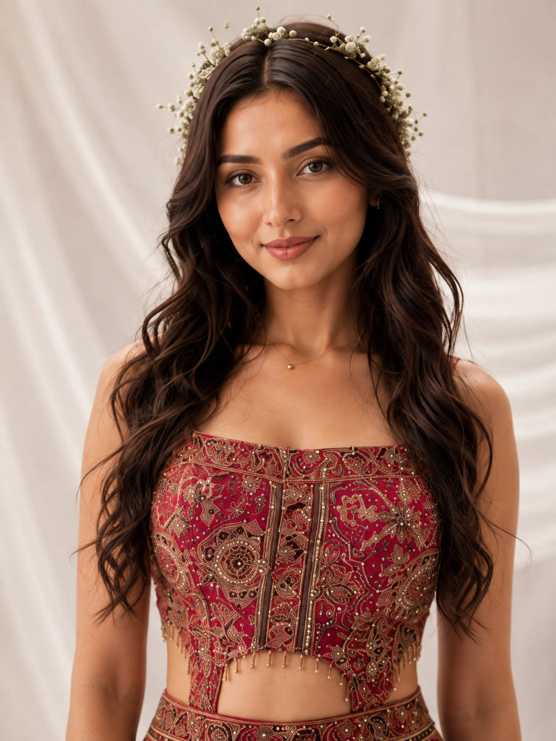 Woman in a heavily embroidered RANI strapless crop top and wide-leg palazzo pants.