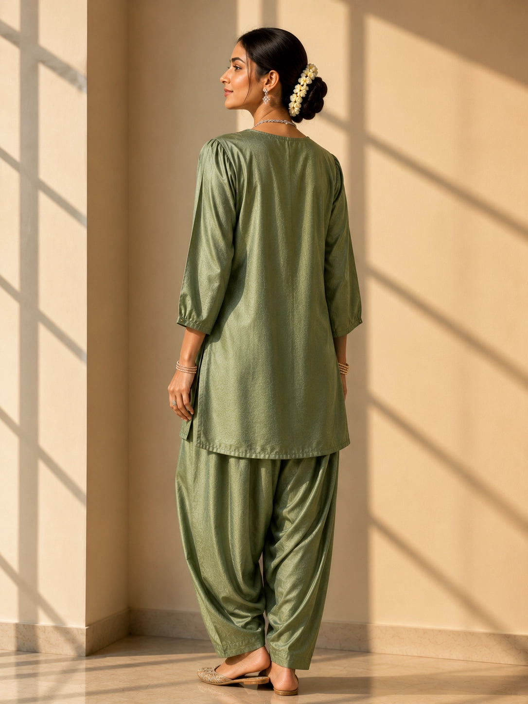 Woman wearing an elegant green textured kurti set with intricate embroidered neckline.