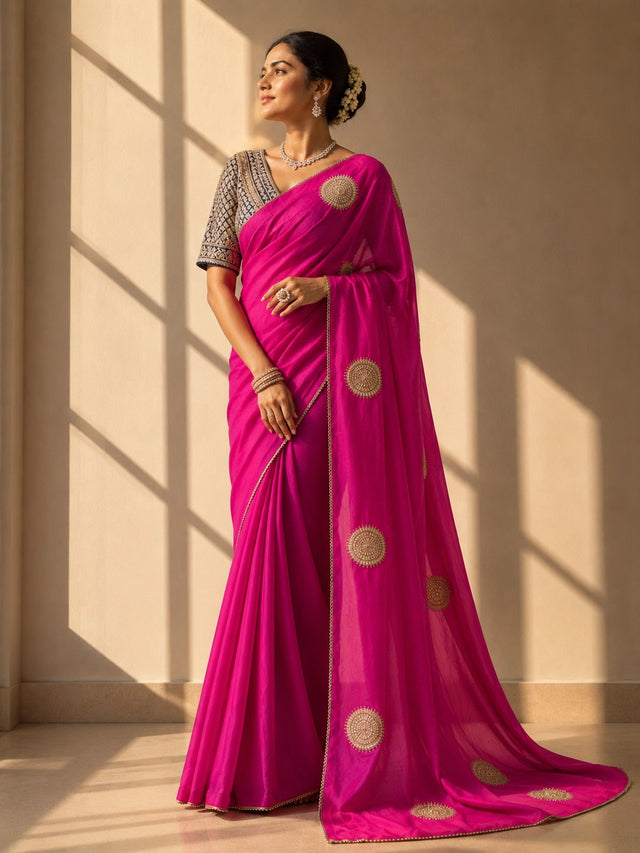 Close-up of a woman wearing a vibrant rani pink saree with gold embellished circular motifs.