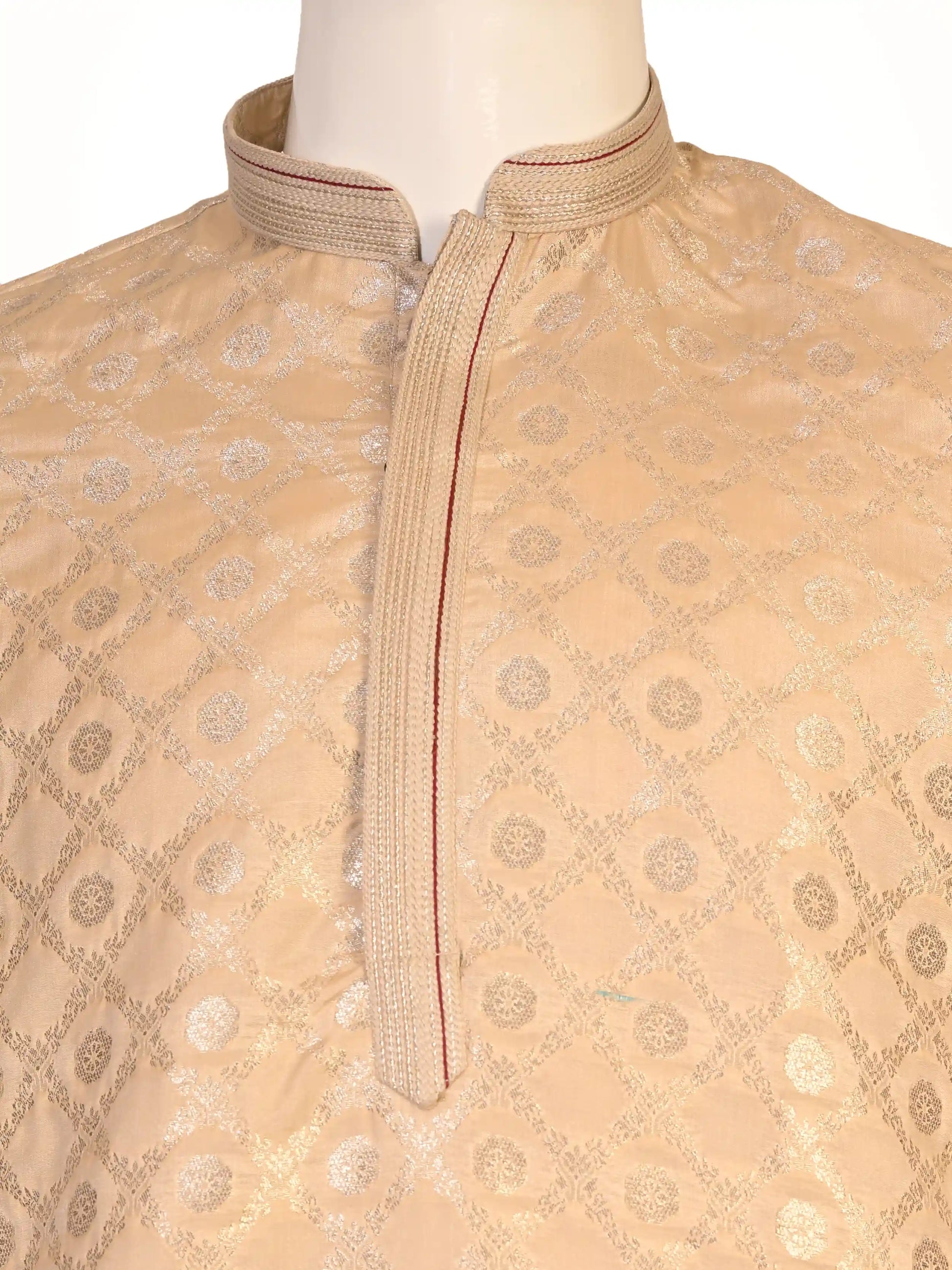 Man wearing a multi-color jacquard woven Kurta Pajama with a mandarin collar and matching pants.