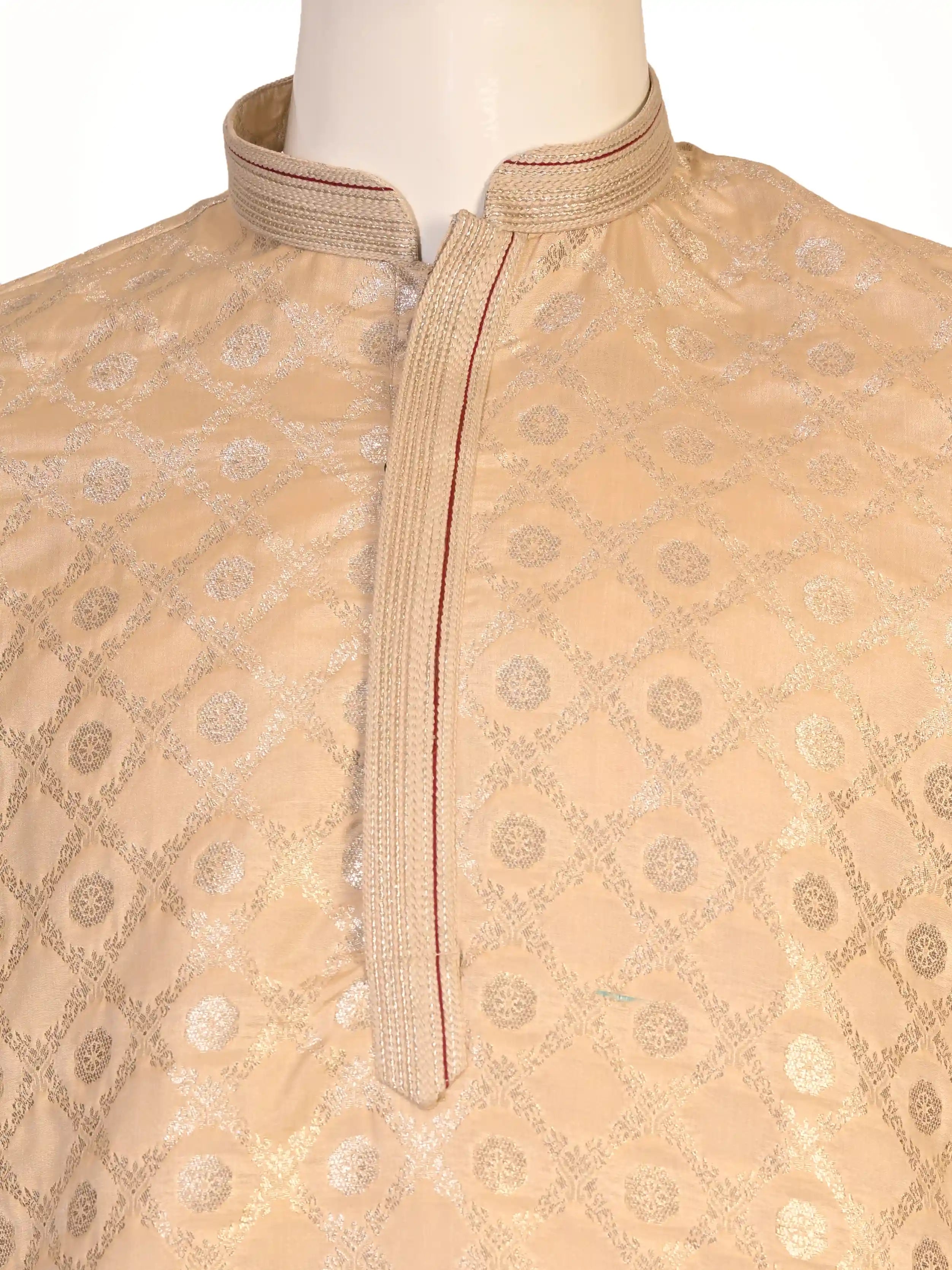 Man wearing a multi-color jacquard woven Kurta Pajama with a mandarin collar and matching pants.