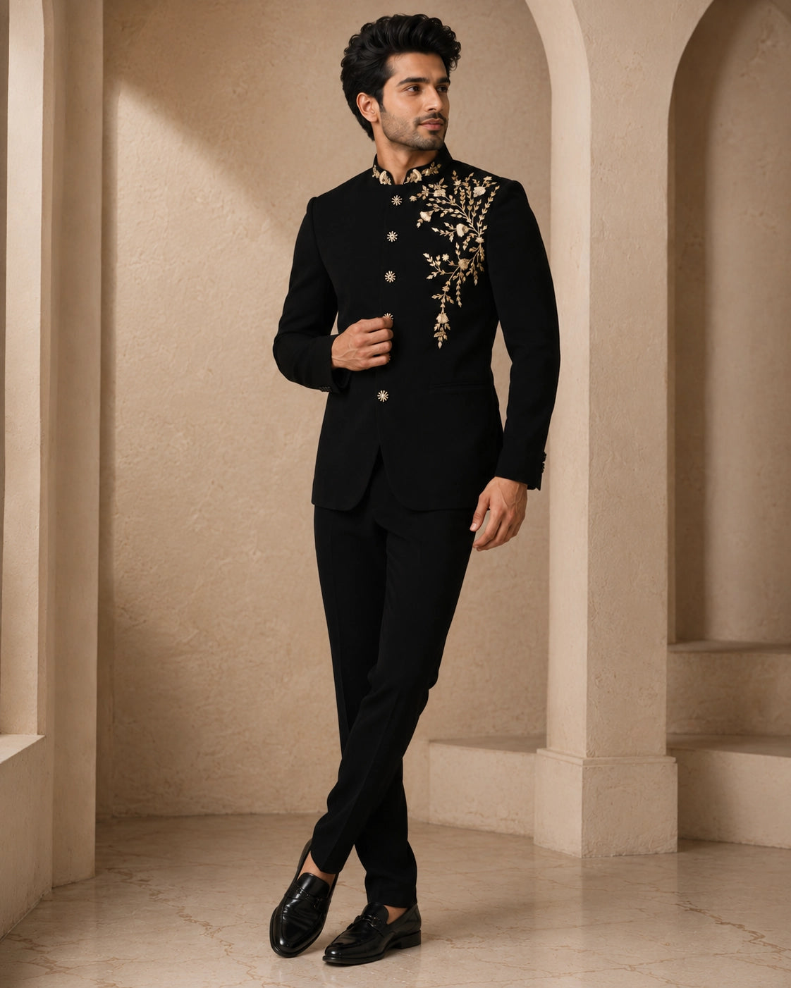 Man wearing a classic black Jodhpuri suit, a traditional Indian formal outfit.