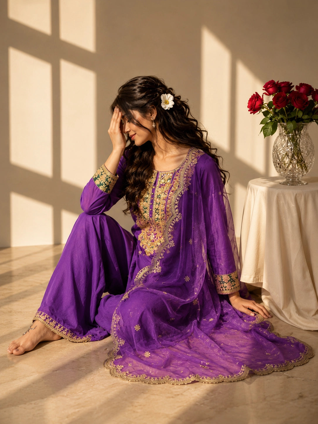 Elegant purple RM palazzo suit featuring detailed gold embroidery and a sheer scalloped dupatta.
