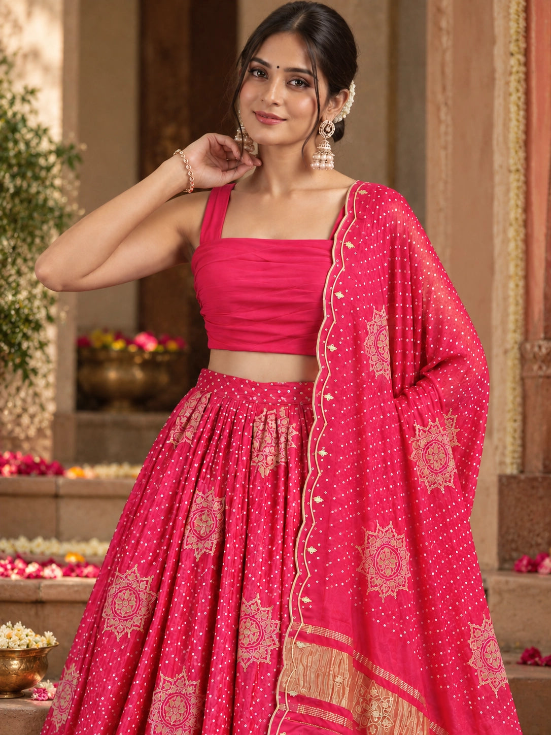 Woman wearing a vibrant RANI pink lehenga choli with gold patterns and a matching dupatta.