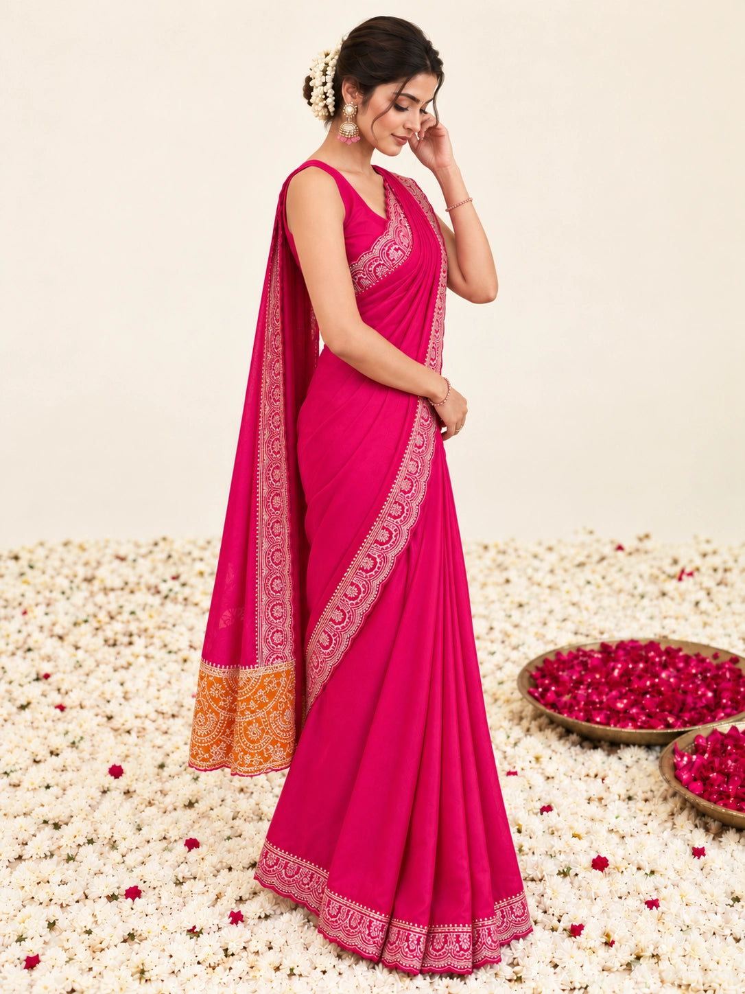 Woman in a vibrant RANI  saree with gold border, sitting among white flowers.