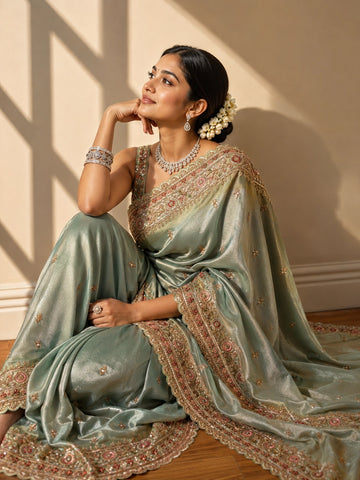 Woman in elegant pista green S3 saree with intricate gold and pink embroidery.