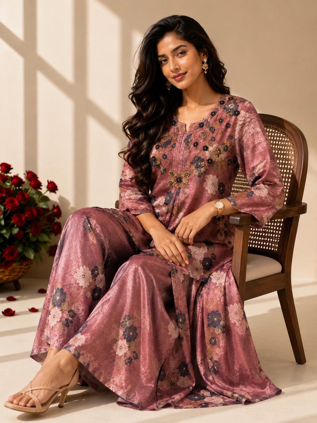 Woman in an elegant peach floral kurti set with palazzo pants and matching dupatta.