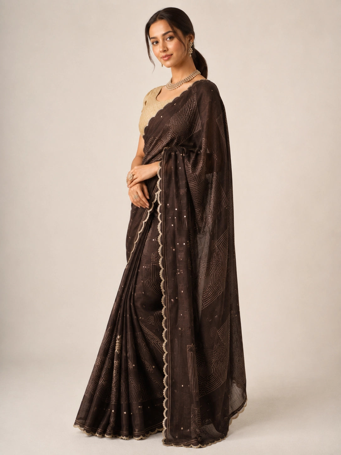 Woman in elegant brown saree with geometric patterns, scalloped border, and golden blouse.