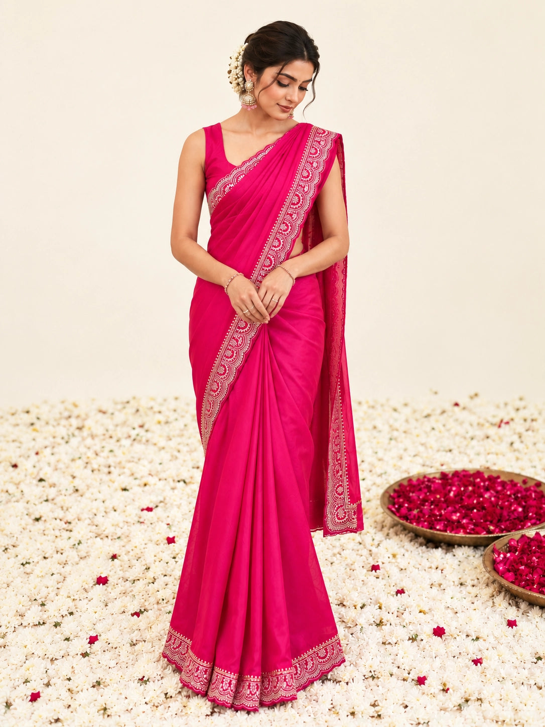 Woman in a vibrant RANI  saree with gold border, sitting among white flowers.