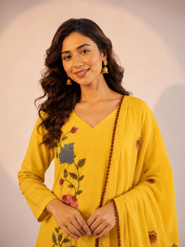 Woman in a vibrant yellow kurti set with colorful floral embroidery and dupatta.