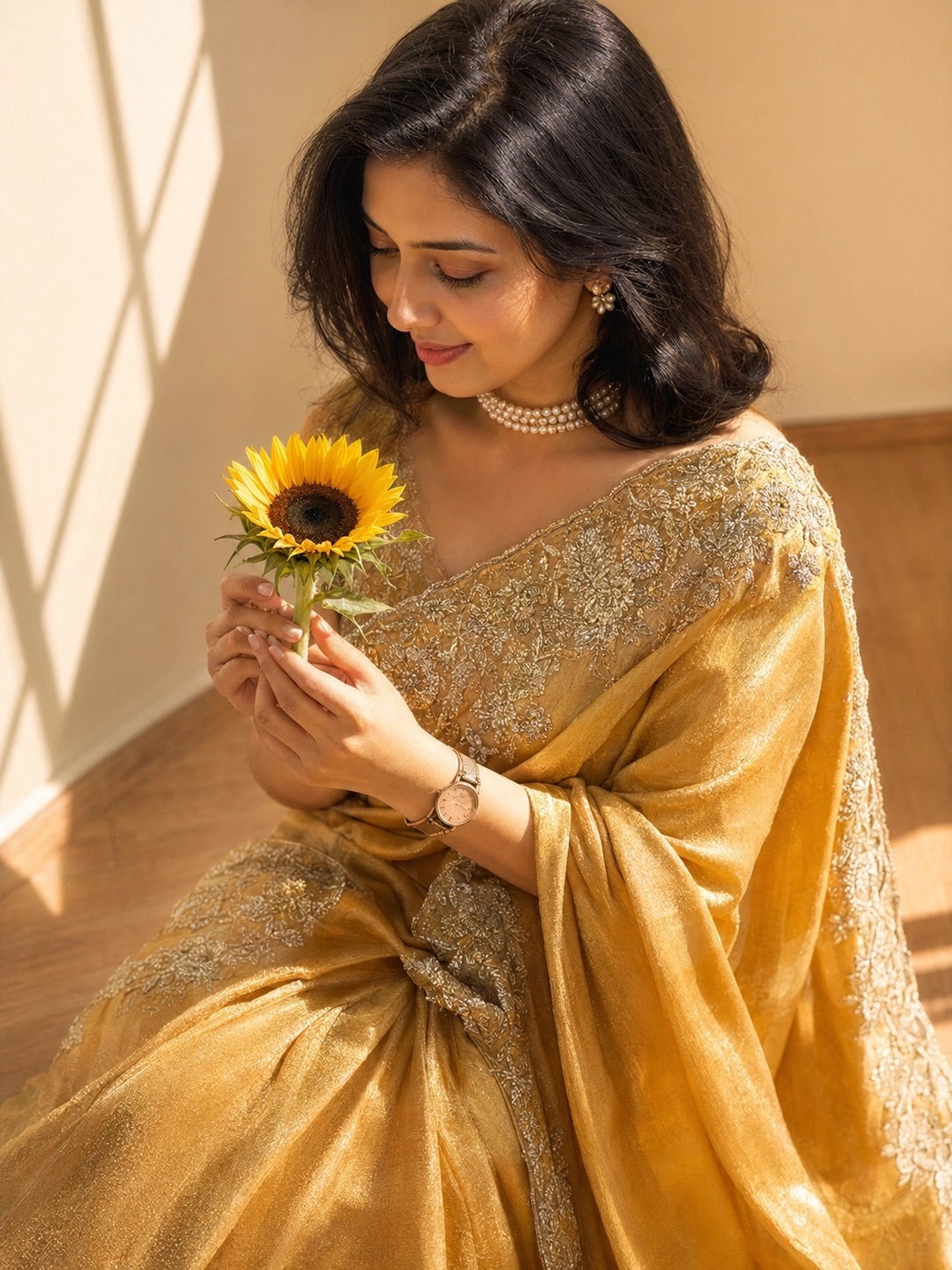 Beautiful woman wearing a luxurious mustard S3 saree with delicate gold embroidery.