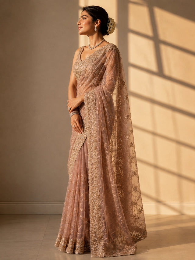 Woman in an elegant pink S3 embellished saree with intricate gold work and sleeveless blouse.
