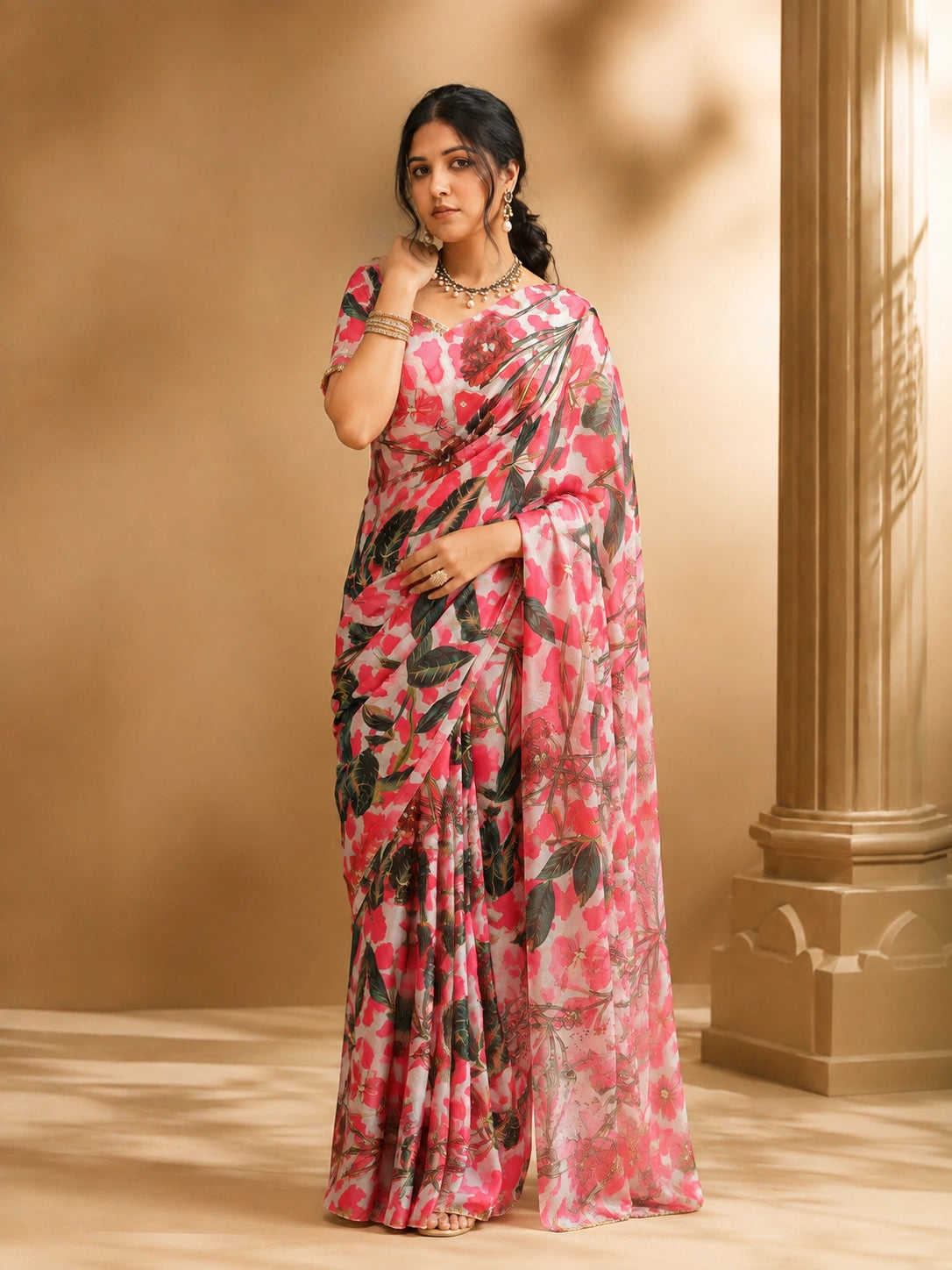 Woman wearing a vibrant pink floral saree with a matching blouse and traditional jewelry.