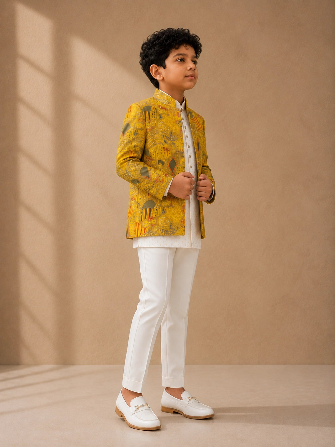 Young boy wearing a mustard patterned bandhgala jacket, off-white kurta, and white trousers.