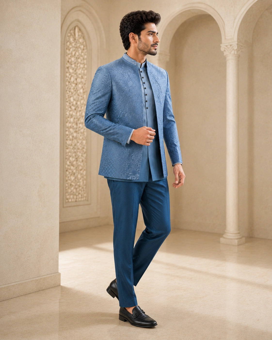 A woman wearing an elegant teal Indowestern outfit, showcasing intricate details and a flattering silhouette.