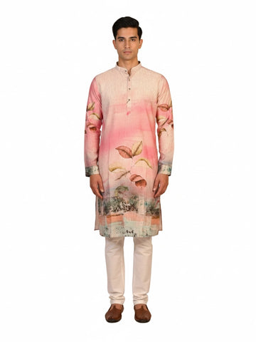 Men's multi-color Kurta Pajama with a floral print, band collar, and long sleeves, paired with cream pants.
