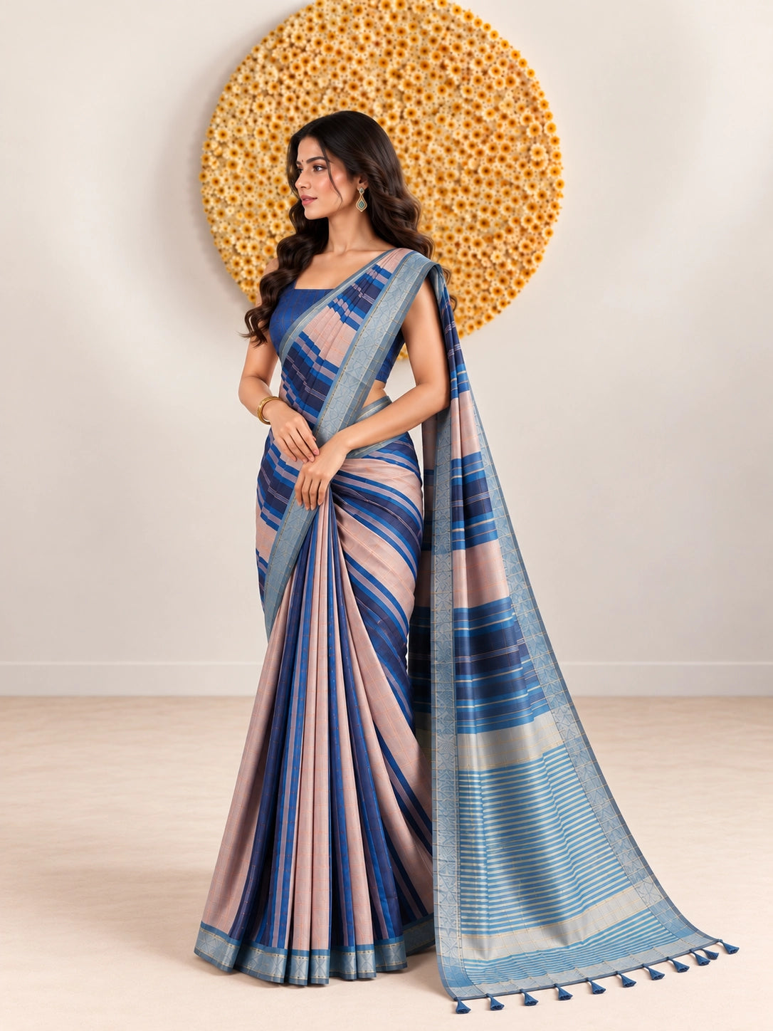 Woman in an elegant blue and pink striped saree with a detailed border.