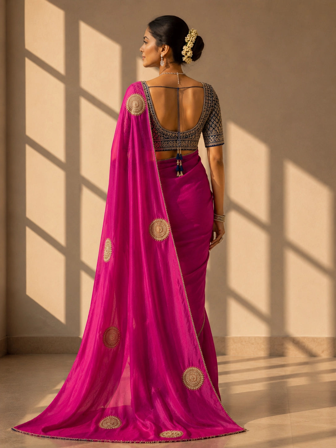 Close-up of a woman wearing a vibrant rani pink saree with gold embellished circular motifs.