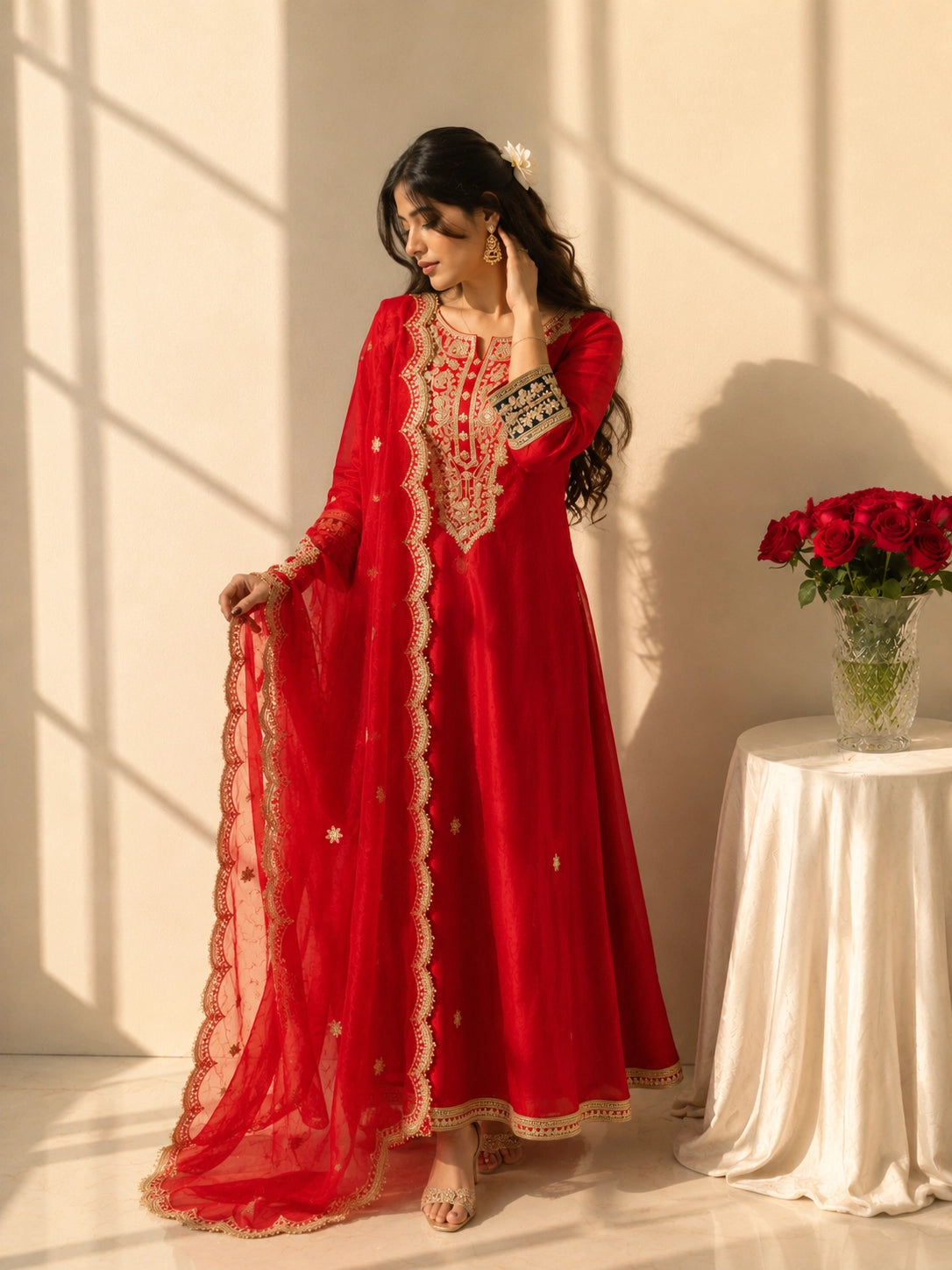 Woman wearing a vibrant red Anarkali suit with intricate gold embroidery and sheer dupatta.