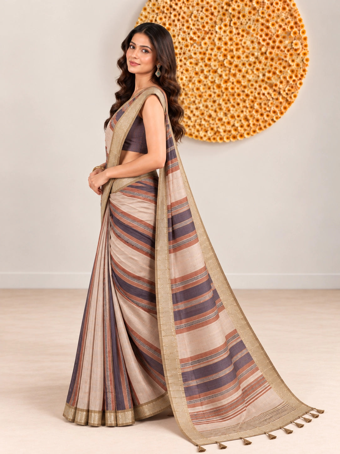 Woman in an elegant blue and pink striped saree with a detailed border.