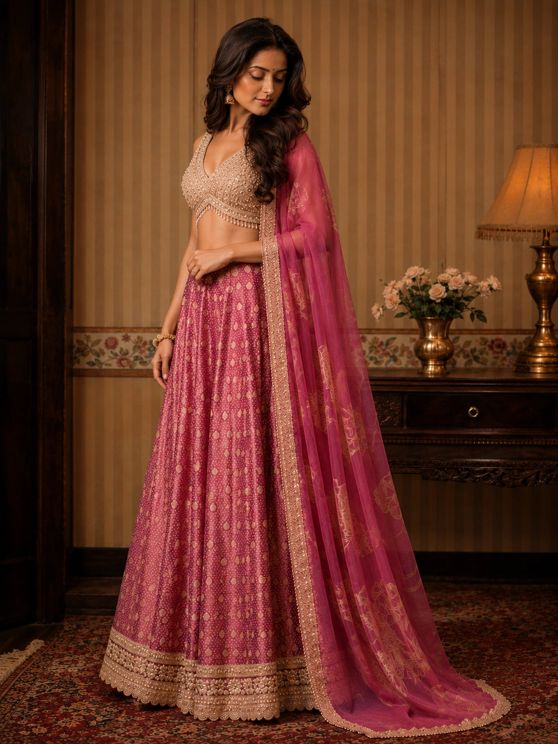 Woman in a regal purple lehenga choli with gold embroidery and a sheer dupatta.