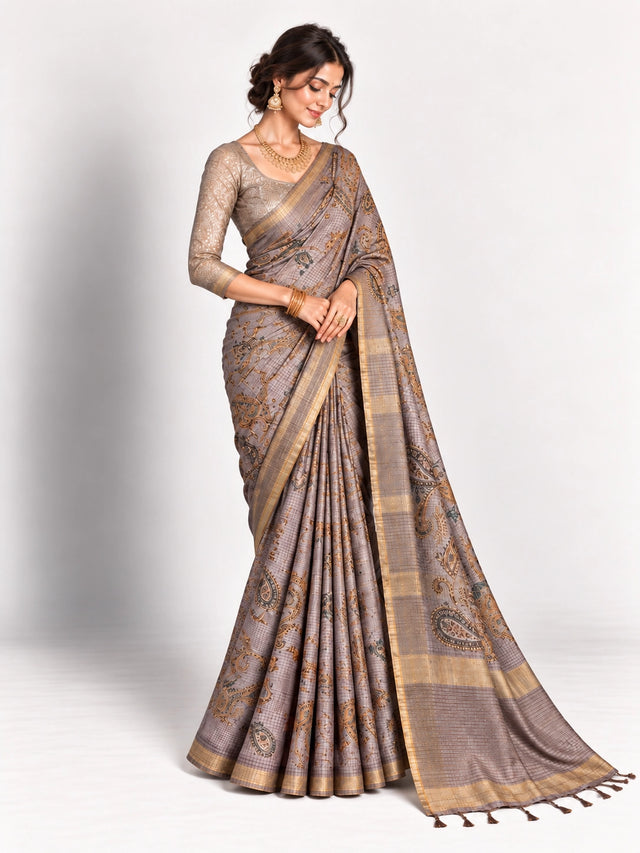 Woman in an elegant lavender grey saree with gold border and intricate paisley patterns.