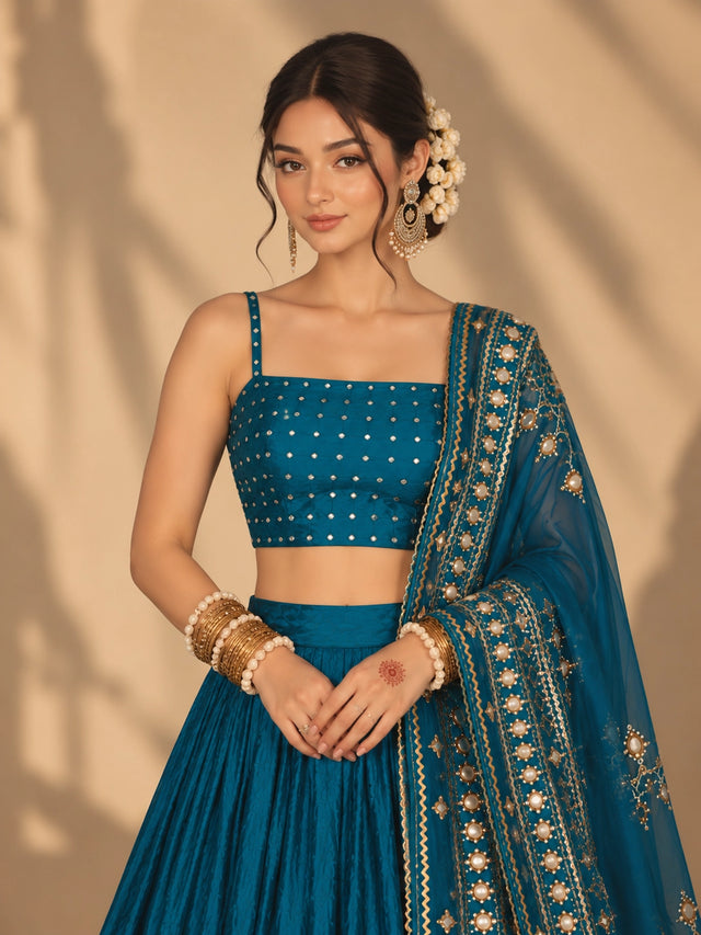 Woman wearing a RAMA blue embroidered lehenga choli with gold and mirror work.