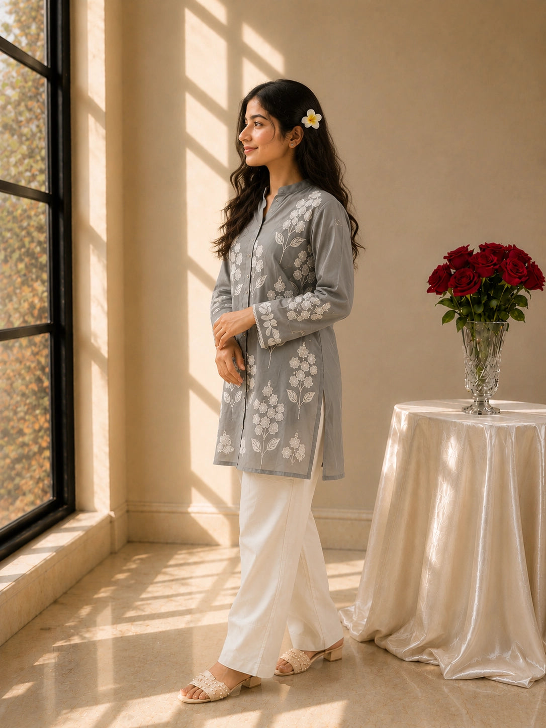 Woman wearing a sky blue embroidered tunic with white pants and sandals.