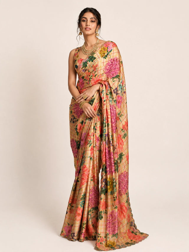 Woman elegantly draped in a cream  floral saree with vibrant multi-color prints.