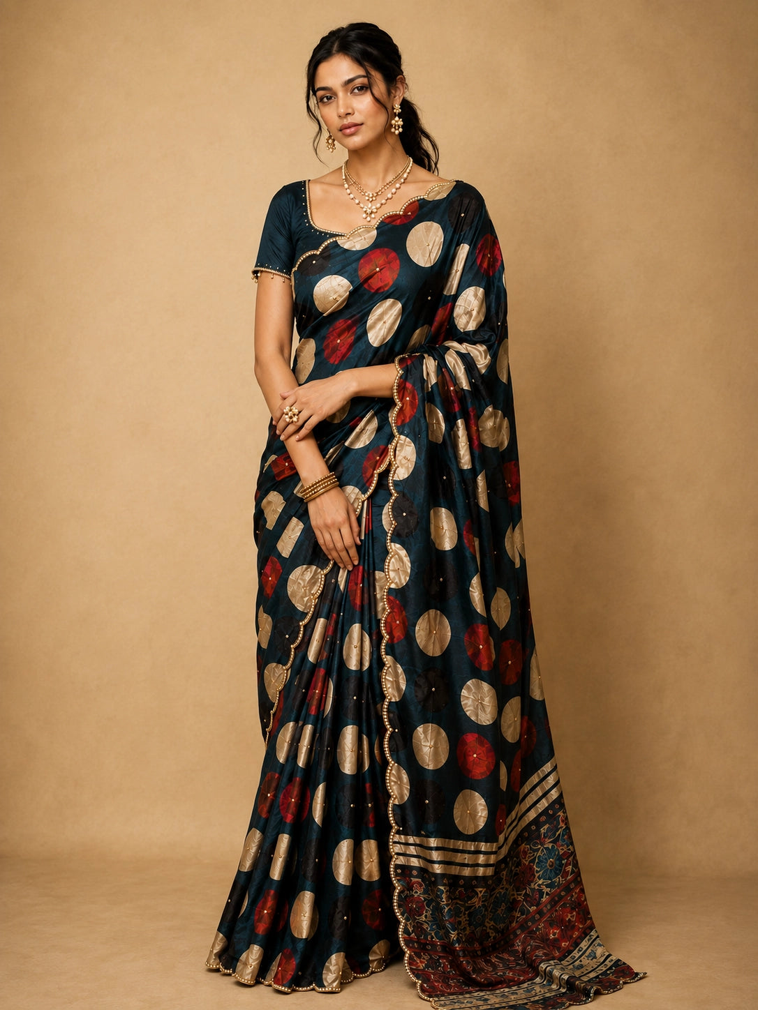 Elegant grey  saree with gold and red polka dots and scalloped border.