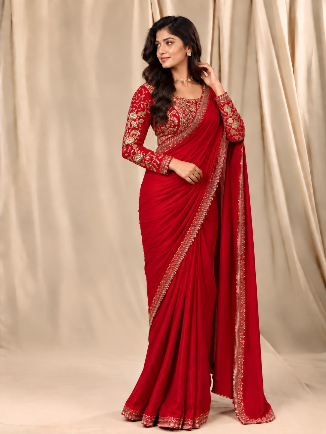 Elegant woman in a Rani red  saree with intricate gold embroidered blouse.