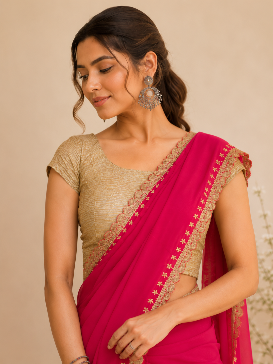 Woman wearing a vibrant rani pink saree with golden embroidered borders and a gold blouse.