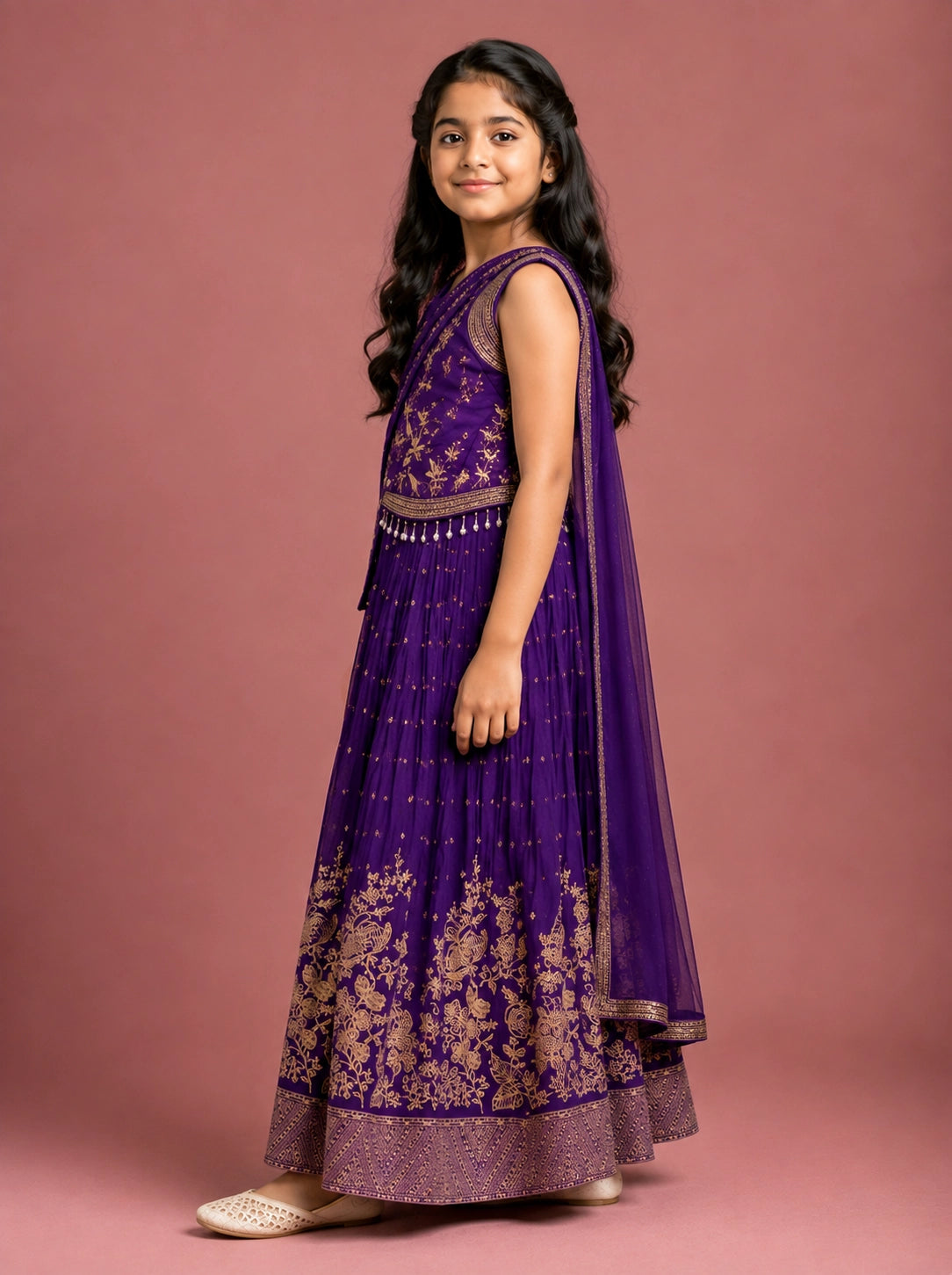 Young girl wearing a vibrant purple lehenga choli with intricate gold embroidery.