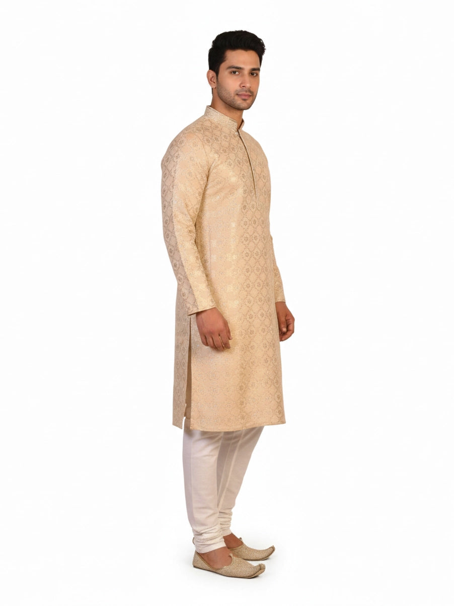 Man wearing a multi-color jacquard woven Kurta Pajama with a mandarin collar and matching pants.
