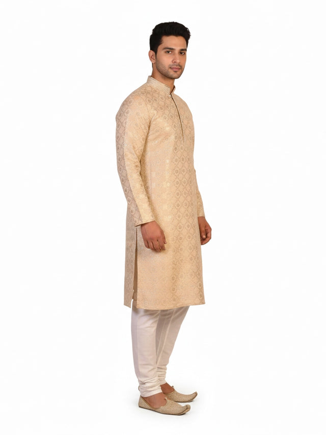 Man wearing a multi-color jacquard woven Kurta Pajama with a mandarin collar and matching pants.