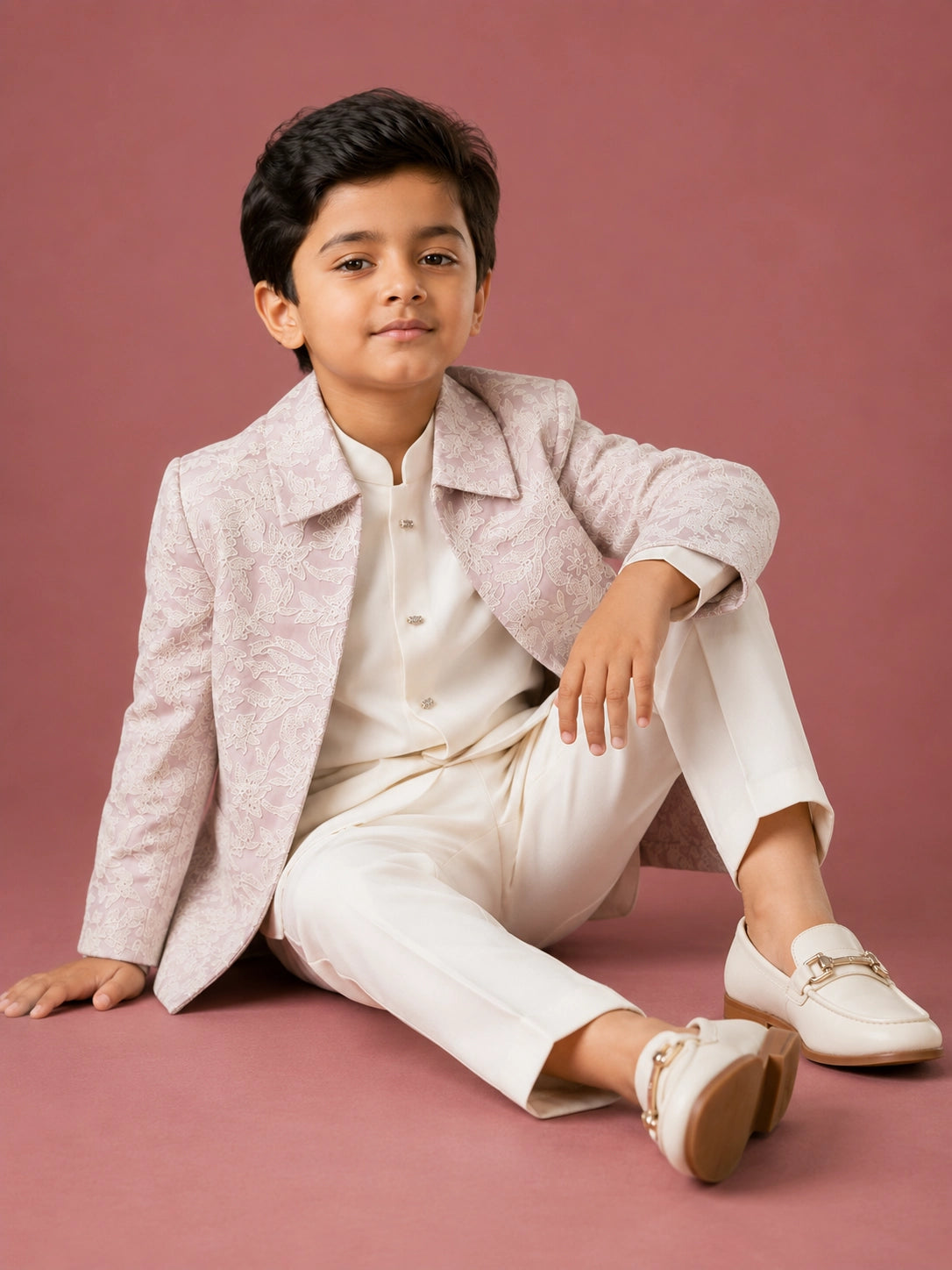 Young boy in a light pink patterned IndoWestern jacket, white kurta, and white trousers.