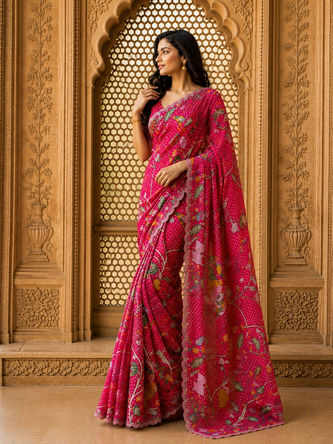 Woman in a vibrant rani pink floral saree with intricate patterns and scalloped border.
