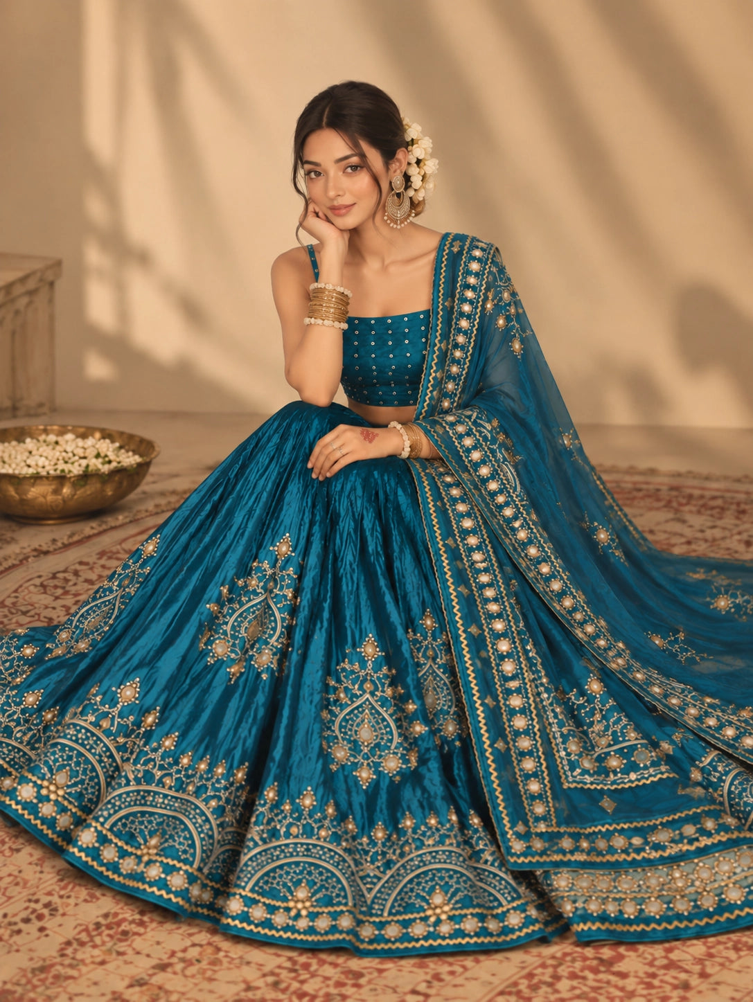 Woman wearing a RAMA blue embroidered lehenga choli with gold and mirror work.