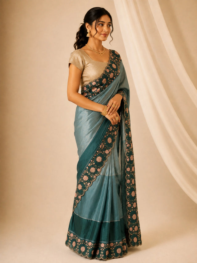 Woman wearing an elegant green embroidered saree with a golden blouse and traditional jewelry.
