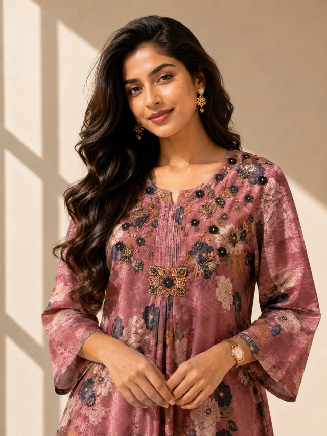 Woman in an elegant peach floral kurti set with palazzo pants and matching dupatta.