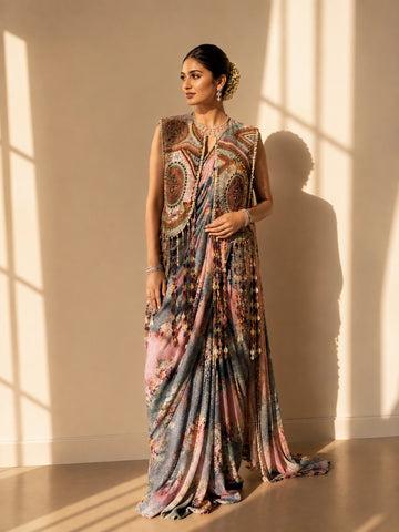 Woman in a peach and blue floral saree with an ornate patterned jacket.