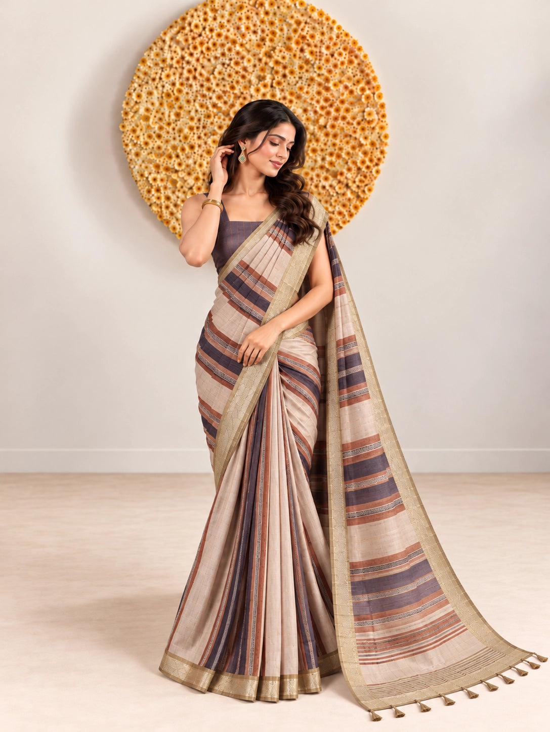 Woman in an elegant blue and pink striped saree with a detailed border.