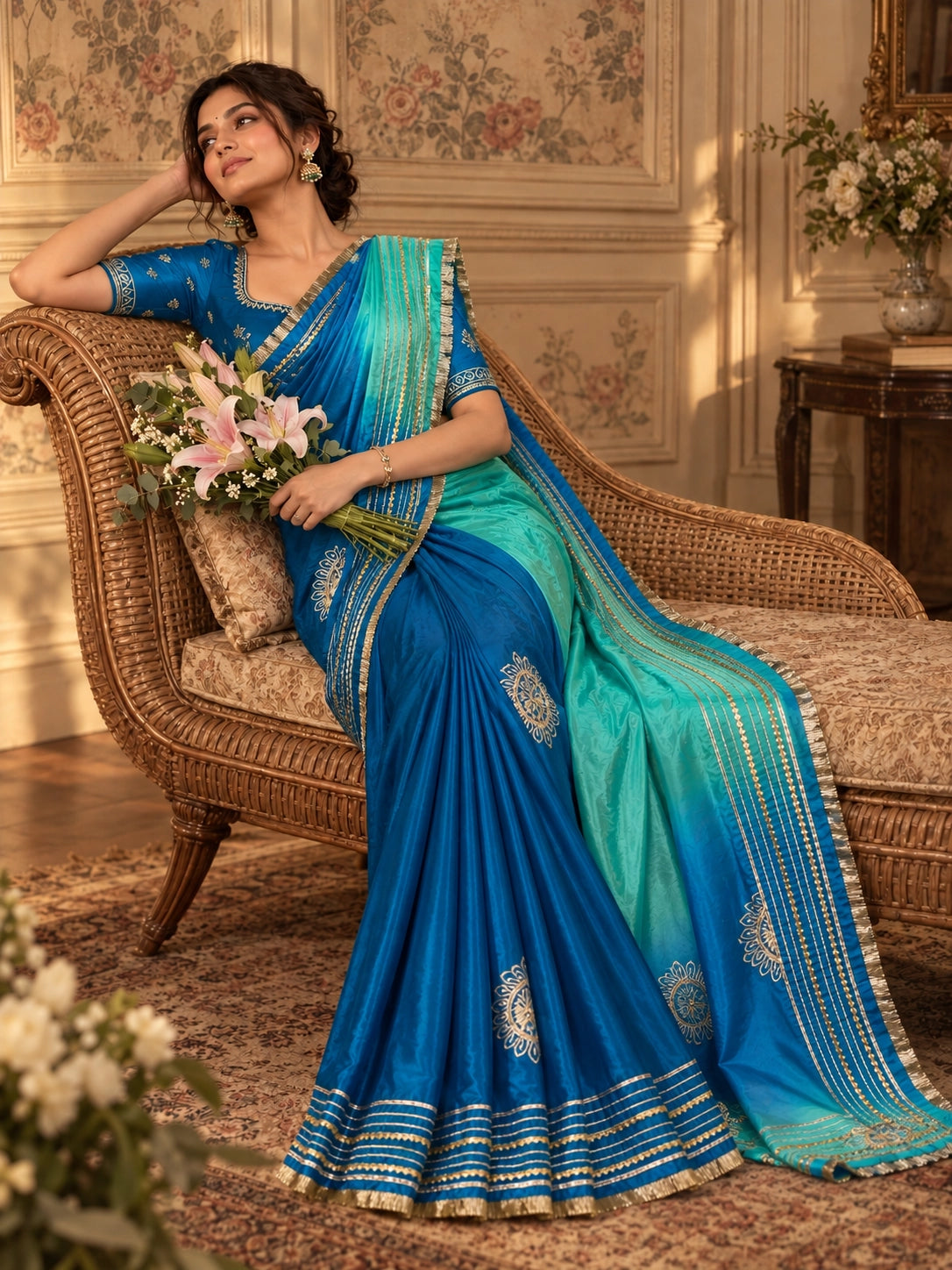 Woman gracefully posing in an elegantly draped Pista saree with gold embroidery.