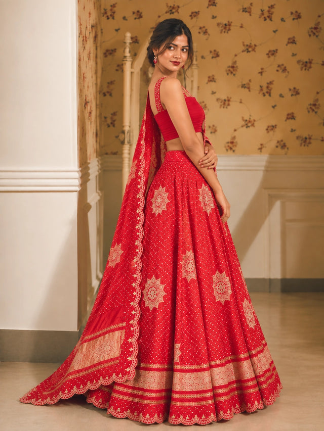 Vibrant red embroidered lehenga choli set with gold patterns and scalloped dupatta.
