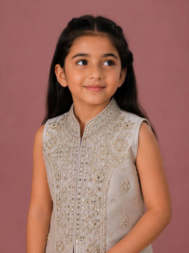 A young girl in a cream embroidered sleeveless top and matching wide-leg palazzo pants.