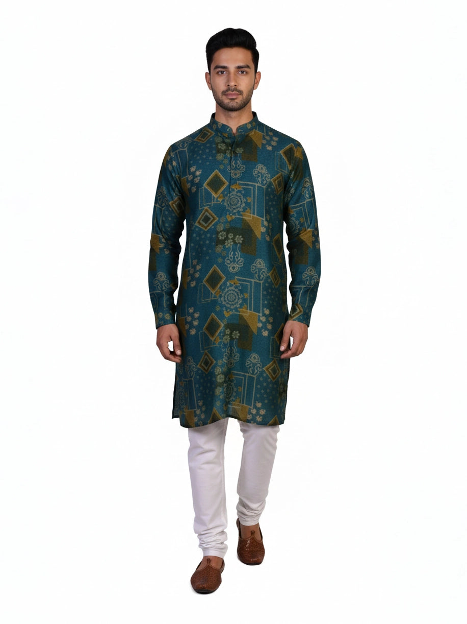 Man wearing a teal kurta with a multi-color geometric print and white pants, standing against a white background.