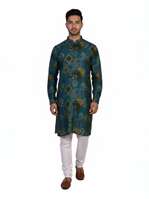 Man wearing a teal kurta with a multi-color geometric print and white pants, standing against a white background.